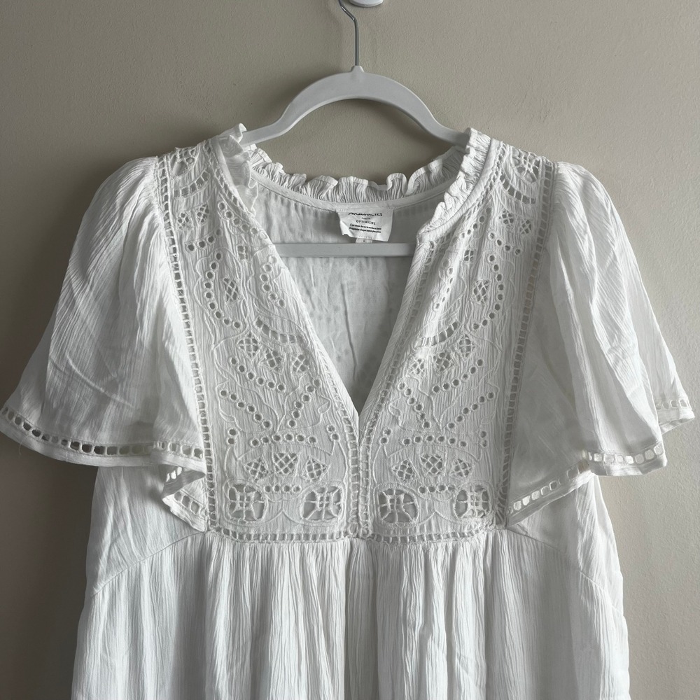 Maison 123 Paris White Eyelet Embroidery Midi Dress Size L Flutter Sleeve Ruffle - Picture 2 of 7